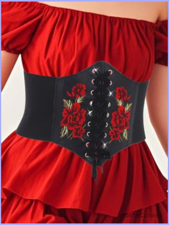 Wide Leather Corset Belt with Floral Embroidery, Adjustable Lace-Up Waist